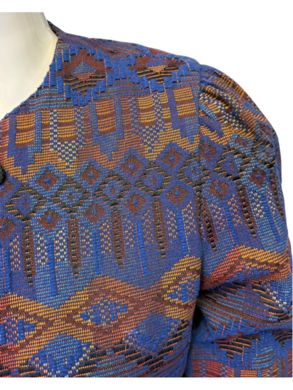 Vintage 80s Blue Copper Jacquard Cropped Evening Jacket,M, Frog Closure Boutique - Picture 5 of 13